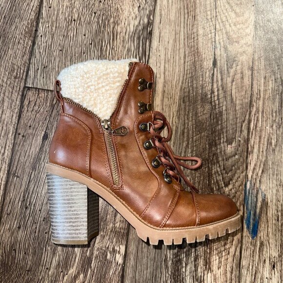 Women's Ankle Boots Brown Faux Leather Sherpa Tall Thick Heel Booties Size 7 - Picture 3 of 13